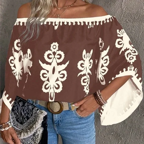 Brown and White Off-Shoulder Women's Top last one - Picture 2 of 4